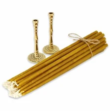 Set of 2 Decorated Brass Candlestick Holders + 20pcs Thin Beeswax Taper Candles