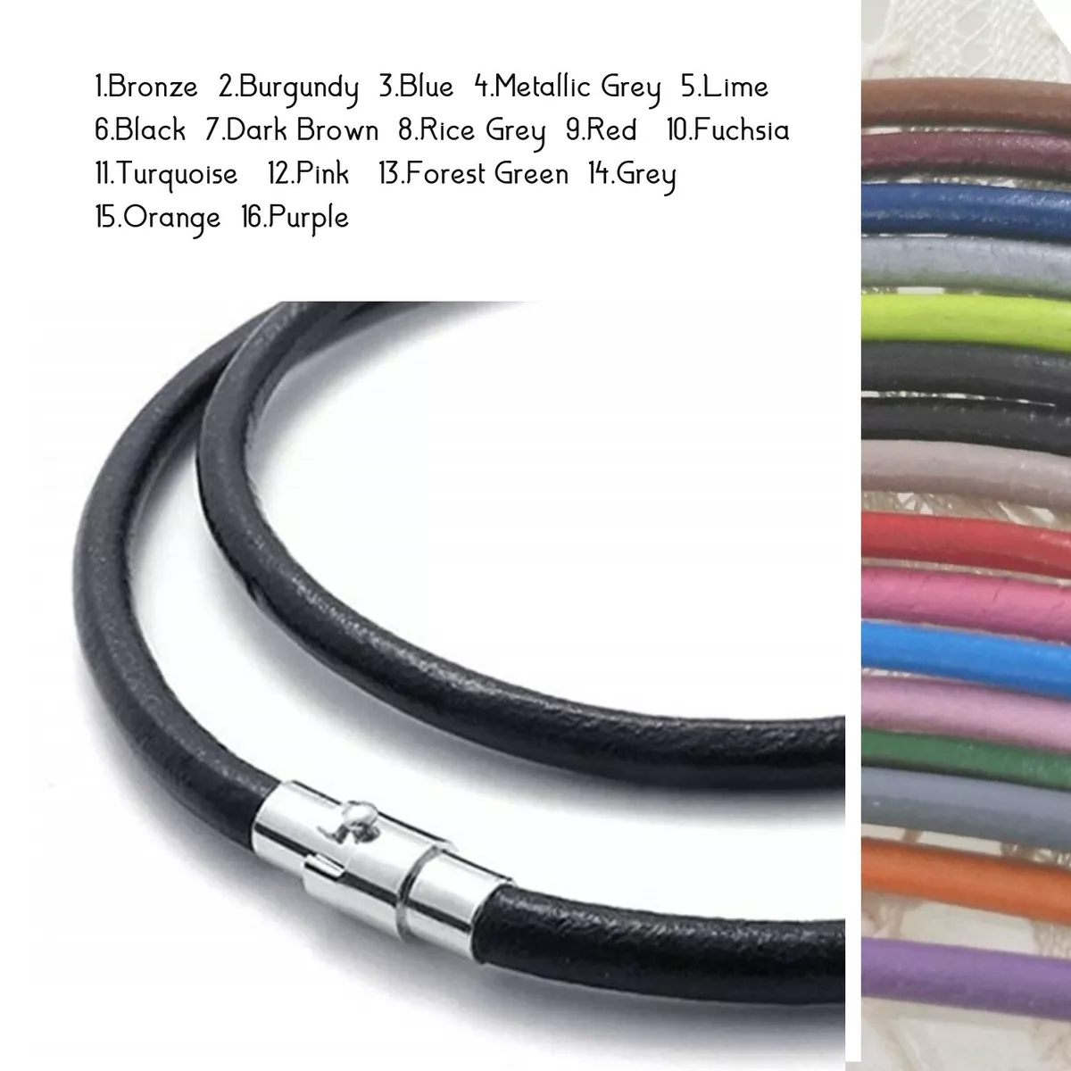 3mm Leather Necklace Cord with Stainless Steel Magnetic Clasp Men's Women's