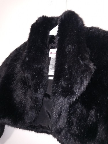 American Girl Black Faux Fur Girls 6 Open Bolero Shrug Jacket Satin Lined - Picture 6 of 9