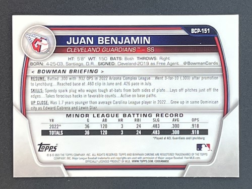 JUAN BENJAMIN 2023 Bowman Chrome 1st Bowman Mojo Refractor #BCP-151 Guardians - Picture 2 of 2