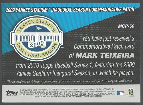 Tarjeta de parche conmemorativa Mark Teixeira 2010 Topps # MCP-50 - Imagen 4 de 4