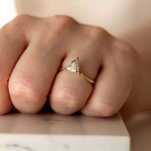 V Shape Band Solitaire 1.50 CT Trillion Cut Moissanite Engagement Ring For Women - Picture 2 of 2