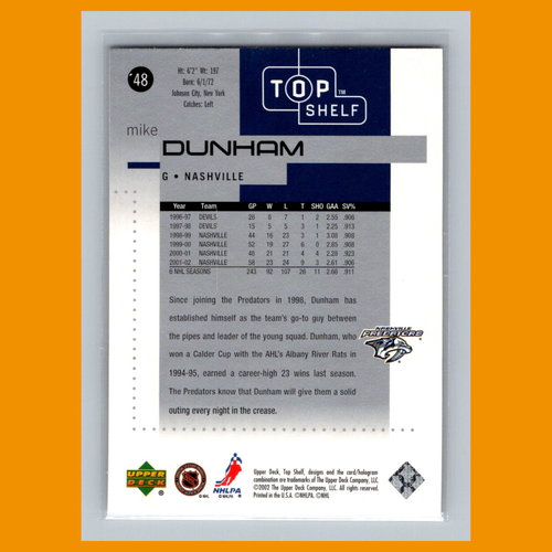 Tarjeta de hockey Mike Dunham #48 2002 Upper Deck Top Shelf Nashville Predators NHL CASI NUEVA - Imagen 2 de 3