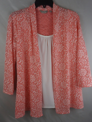 Coral Bay Women s Peach White Floral Lace Cardigan Dress With Blouse Small NWOT