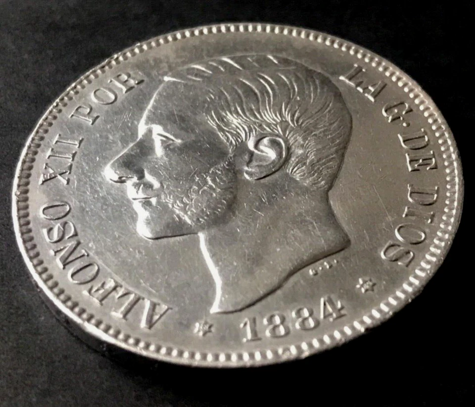 🇪🇸🇪🇸🇪🇸  1884 SPAIN 5 PESETAS Alfonso XII  🇪🇸🇪🇸🇪🇸 3rd portrait - Image 3 of 4