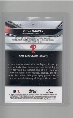 BRYCE HARPER PURPLE REFRACTOR 34/250 2022 BOWMANS BEST BASEBALL - Picture 2 of 2