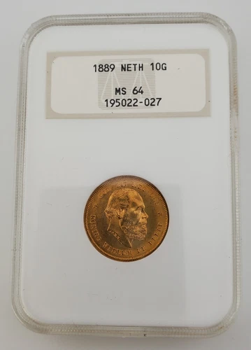 1889 Netherlands Wilhelm III GOLD 10 Gulden World Coin NGC MS64 FATTY