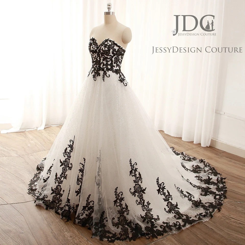 Gothik Ivory Schwarz Brautkleid Hochzeit Ballkleid Glitzertüll 32-50 Übergröße - Bild 4 von 4