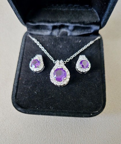 Gold Coast Platinum Plated Amethyst CZ Pendant and Earrings - Picture 3 of 9