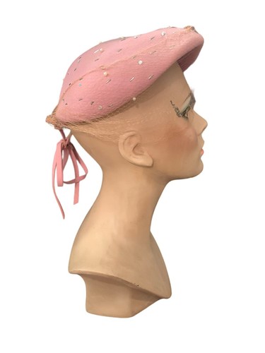 Cappello vintage Merrimac Corp rete lana rosa USA stile flapper velo metà secolo - Foto 2 di 11