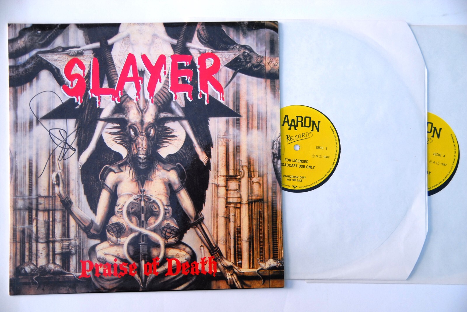 SLAYER HAND SIGNED TOM ARAYA PRAISE OF DEATH LIVE 1987 RARE DBL LP  AUTOGRAPHED