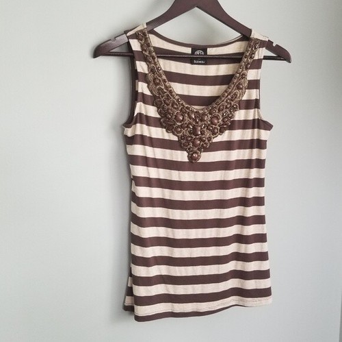 Bobeau Womens Beaded Brown Cream Striped Cotton Tank, Small - Picture 1 of 3