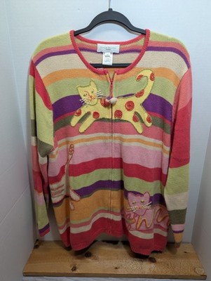 Susan Bristol y2k pink yellow purple and green stripe kitty cat cardigan sweater