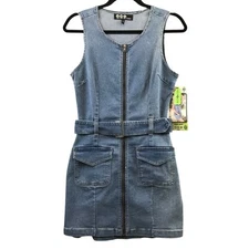 New Rewash Y2K Denim Dress Belted Zip Front Luxe Lounge Coastal Blue Womens S