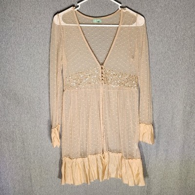 Womens Small Sheer Lace Sequin Button Up Long Sleeve Blouse Boho Fairy Whimsy