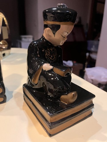 Vintage Asian Couple Bookends, Man Woman Black Gold Books Reading Book End Set - Picture 8 of 15