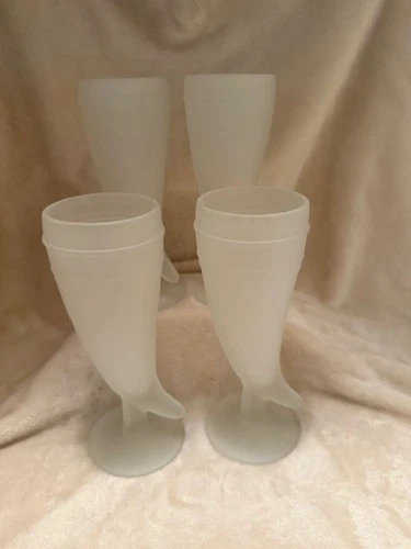 Vintage Tiara Satin Indiana Glass Viking Horn Beer Mug White Frosted Set of 4