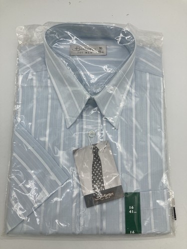 Vintage Mens Berkertex Shirt - Short Sleeved 16” Blue Stripe Glacier Littlewoods