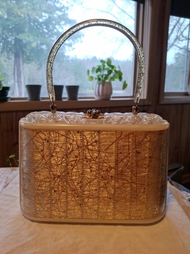 50s Vintage Lucite Box Purse Silver Gold Stars Clear Carved Top Handle Handbag