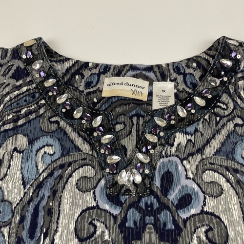 Alfred Dunner Blouse Top Women’s Size 3X Split Neck Sequin Jeweled Black Gray - Picture 5 of 9