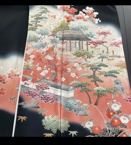Japanese kimono KUROTOMESODE.pure silk.Embroidery. black 164cm.bag obi GETA 4set - Picture 3 of 7