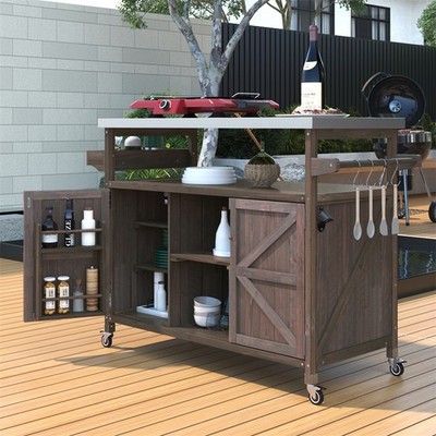 Wood Outdoor Kitchen Island Cart Rolling Bar Cabinet BBQ Grill Table Dark Brown
