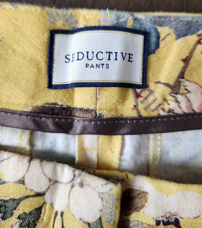 Nuevo con etiquetas Pantalones Seductores Amarillo Floral Mezcla de Lino Tiro Alto Cinturón Corto Talla 42  Foto 3 de 4