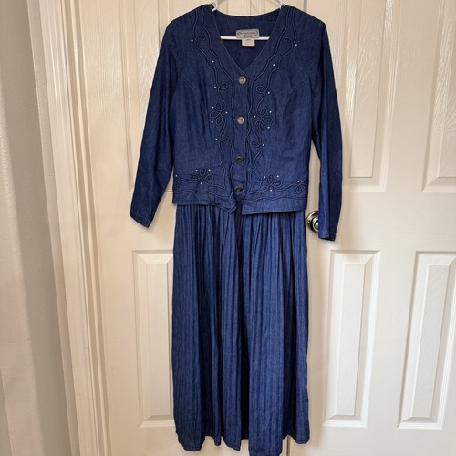 Vintage Damen blau Denim Western Nieten Kleid Schulterpolster klassisch 10P - Bild 2 von 16