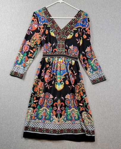 Trulli Colorful Floral LS V Neck Tie Waist Flared Boho Stretch Midi Dress Large