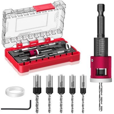 5-Piece Countersink Drill Bit Set with Adjustable Depth Stop, 1/4'' Hex Shank ...