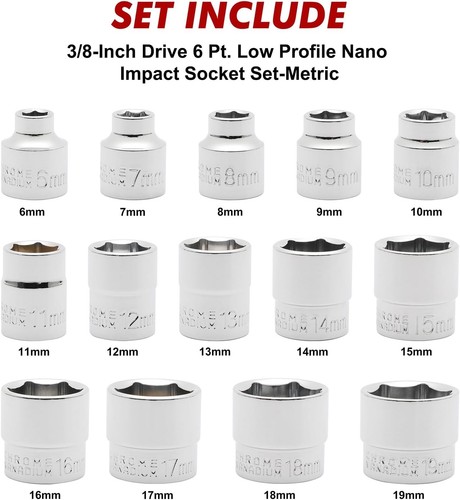14 Piece 3/8" Drive 6 Point Stubby Socket Set, Metric, Mirror Chrome Finish, 6,7 - Picture 3 of 8