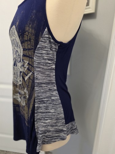 Camiseta sin mangas Harley Davidson calavera pedrería para mujer grande de metal en movimiento azul - Imagen 5 de 9