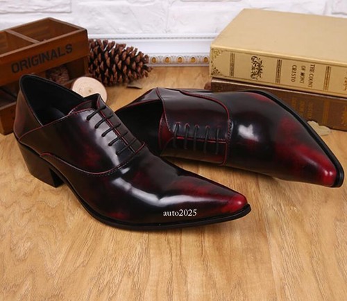 Men's Leather Dress Shoes Formal Cuban Heel Lace Up Pointy Toe Korean Fashion - Picture 17 of 25