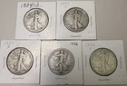 Lot 5 Silver Walking Liberty half dollars: 1934-S, 1935-S, 1935-D, 1936, 1936-S