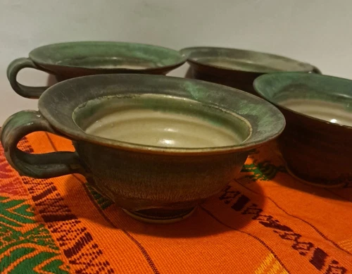 Vtg Signed Art Pottery Mugs Set of 4 Stoneware Coffee Cups Handmade 19" Diameter
