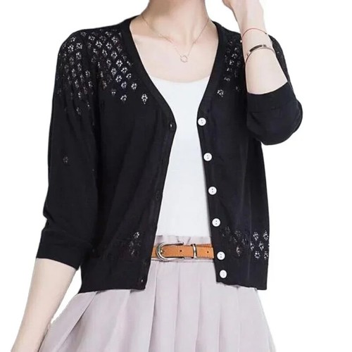 Women's Knit Sweater 3/4 Sleeve Shrugs V Neck Button Down Cardigan Crop Tops Sz - Picture 14 of 30