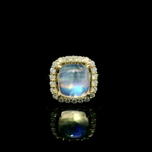 New 14k Yellow Gold High Quality 4.55ctw Cushion Moonstone & Diamond Halo Ring - Video 1 of 1
