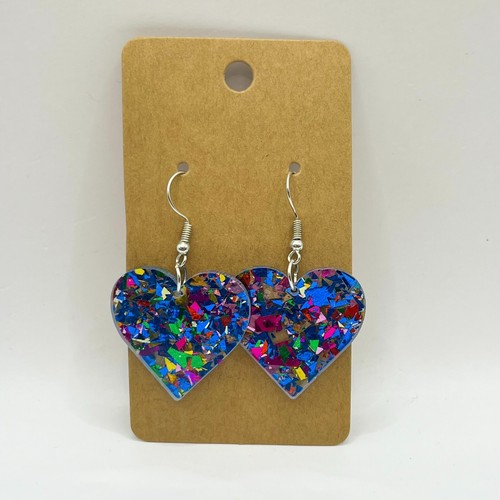 Valentine's Day Blue Heart Colorful Sprinkle Resin Novelty Dangle Earrings 1.25"