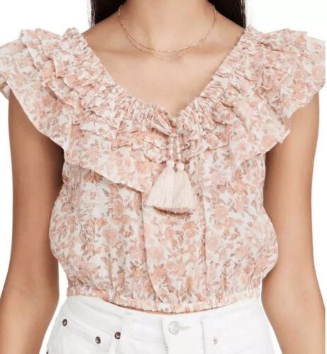 Love Shack Fancy Cotton Dorin Crop Top Beaded Tassels Vanilla Foam Women Size S - Picture 2 of 11