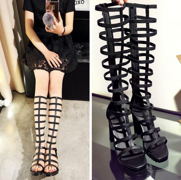 New Womens Leather Open Toe Roman Knee High Sandal Boots Boots Boots Block Heel Hollow shoes b345d8 New Womens Leather Open Toe Roman Knee High Sandal Boots Boots Boots Block Heel Hollow shoes b345d8