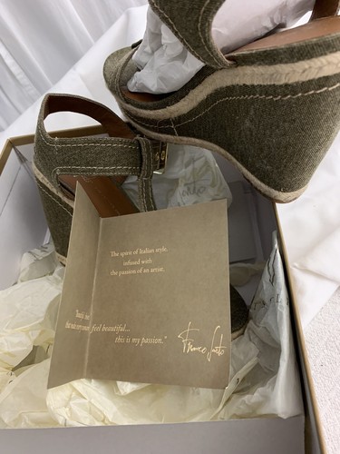 FRANCO SARTO Wedge Sandals Sz 7 Ambrosia Beige Olive Green Canvas T-Strap - Bild 6 von 12