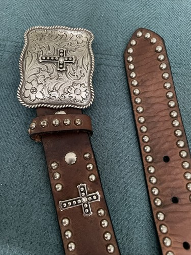 Nocona Western Crystal Studded Bling Cross Brown Leather Belt & Buckle Size 24 - Picture 1 of 7