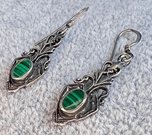 Vintage Sterling Silver Malachite Dangle Drop Earrings - Picture 7 of 9