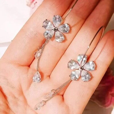 18K WHITE GOLD PLATED ROUND HOOP EARRING ZIRCON FLOWER COQUETTE WEDDING BRIDE
