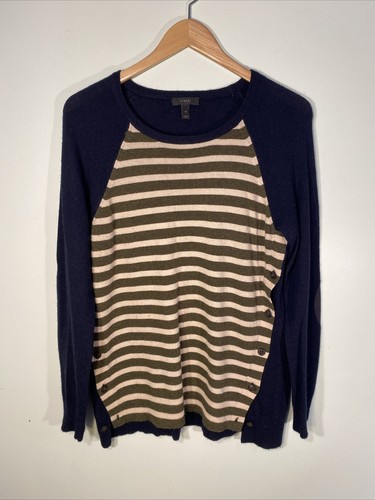 J. Crew Damen Größe M Pullover mit seitlichen Knöpfen und Ellenbogenaufnäher marineblau gestreift grün Wolle Bld