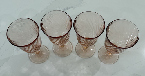 Set Of 4 Rosaline Pink Swirl Optic Stemmed 6 3/8" Water Goblets France EUC - Picture 3 of 11