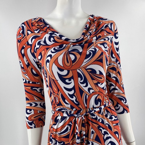Banana Republic Dress XS Cowl Neck Peach Red Navy Swirl Print Tie Waist Stretch - Picture 2 of 6