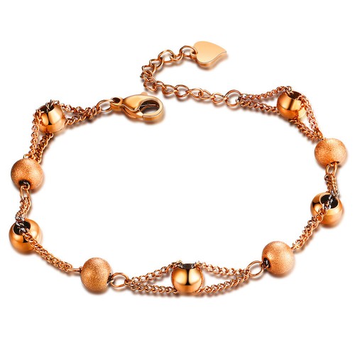 Pulsera de cadena de oro rosa 18K, oro mate cuentas acero inoxidable corazón joyería - Imagen 6 de 7
