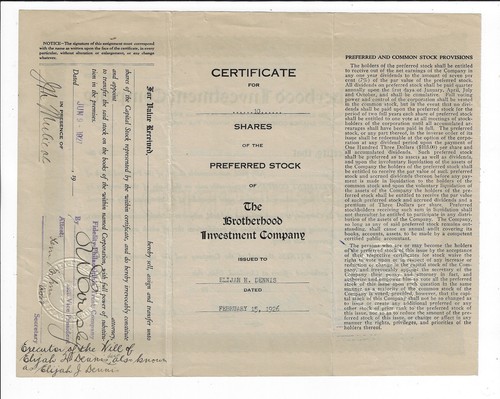 OHIO 1926 The Brotherhood Investment Co Stock Certificate Locomotive Engineers - Picture 2 of 2