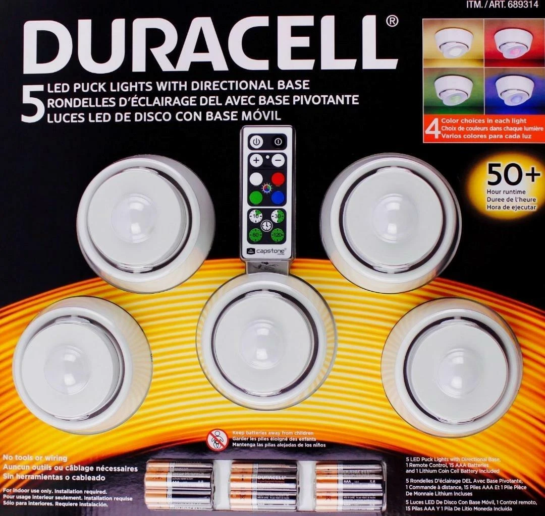 Duracell 5 LED Puck Lights Directional Base Remote Control Wireless Batteries